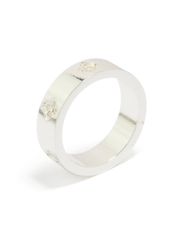 Elegant waterproof stainless steel band ring featuring floral cubic zirconia embellishments in silver and clear stone, dainty style side detail view