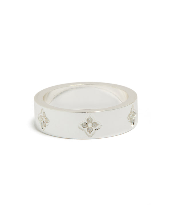 Elegant waterproof stainless steel band ring featuring floral cubic zirconia embellishments in silver and clear stone, dainty style front view