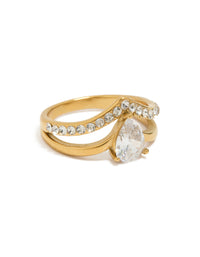 Showcasing a waterproof gold plated stainless steel layered ring with pear cubic zirconia and crystal statement design front view - link has visual effect only