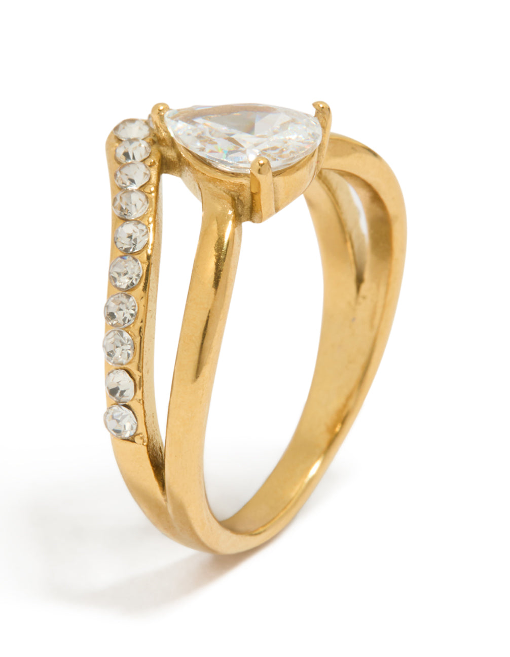 Featuring a waterproof gold plated stainless steel layered ring with pear cubic zirconia and crystal statement design side detail view