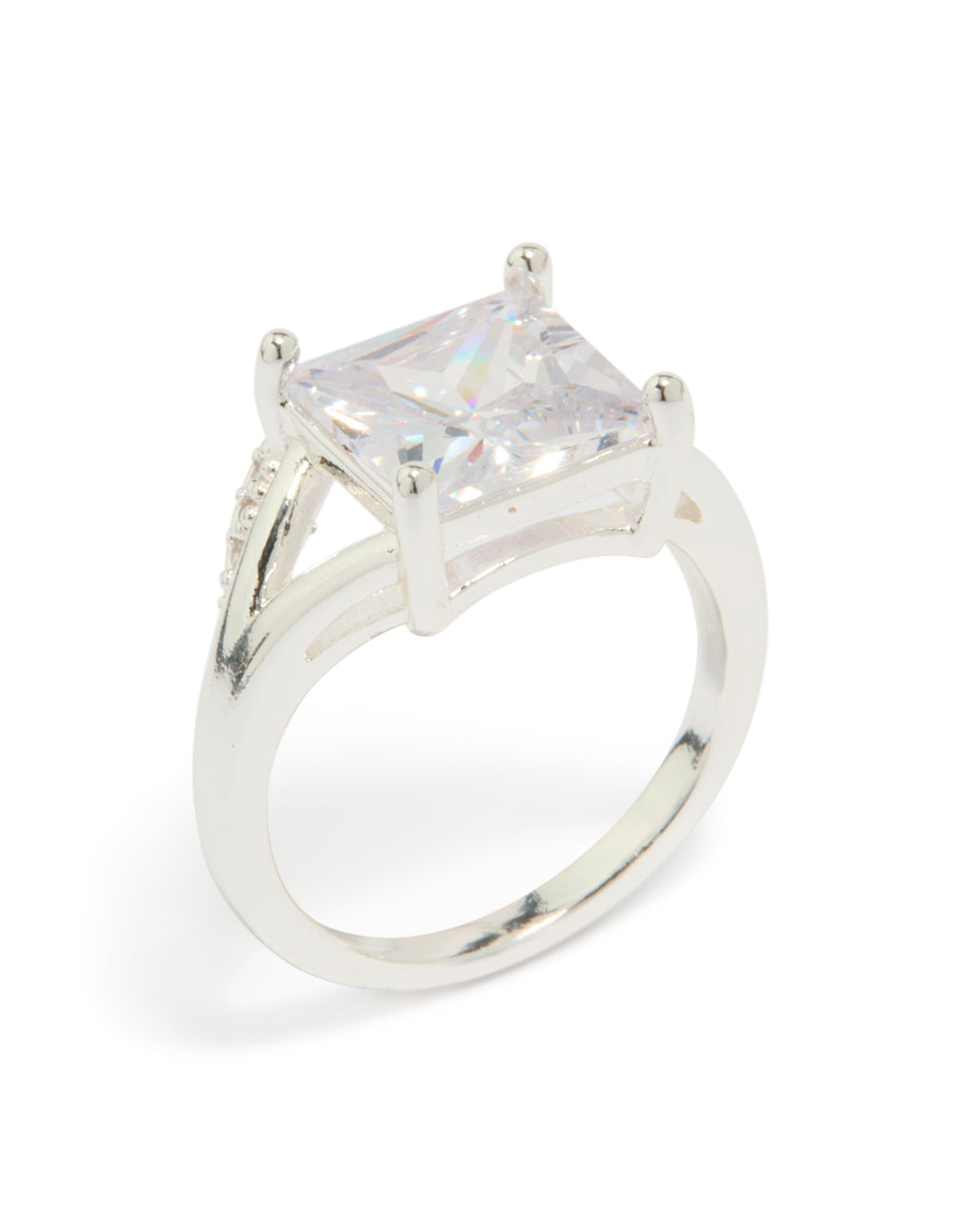 Beautifully designed statement ring crafted from cubic zirconia with pavé set clear stones in a square design side detail view