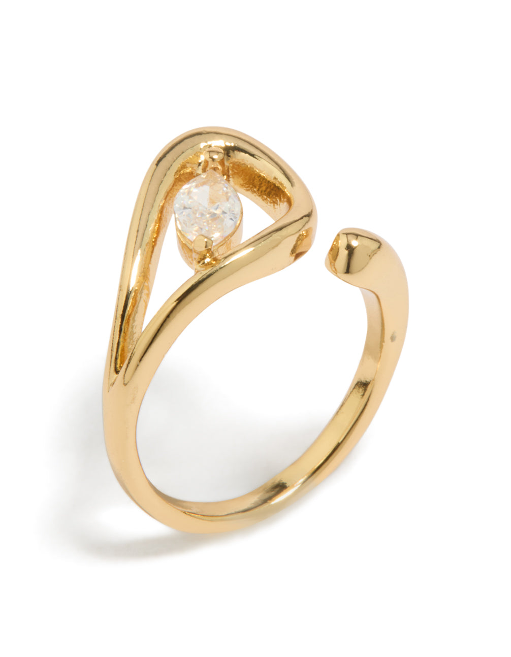 Designed with gold plated metal this cubic zirconia abstract wrap ring in dainty statement style front view