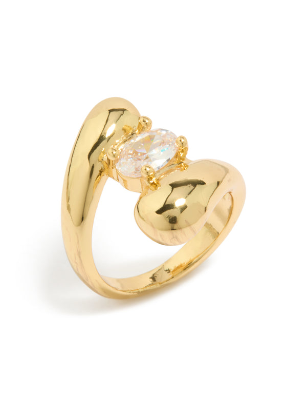 A gold plated statement puffy wrap ring featuring cubic zirconia side detail view