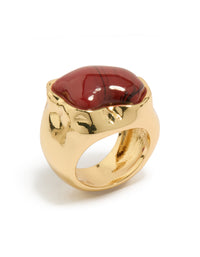 Showcasing a gold plated chunky ring with molten burgundy stone in maroon side detail view - link has visual effect only