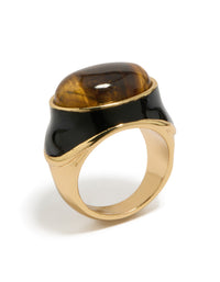 Featuring a gold plated chunky brown stone and black enamel ring in statement style front view - link has visual effect only