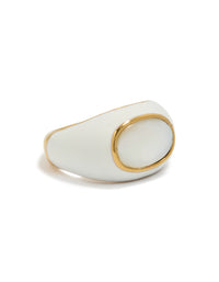 Showcasing a waterproof gold plated stainless steel ring with white enamel and shell design in ivory and gold front view - link has visual effect only