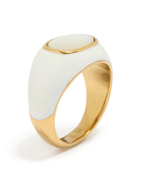 Featuring a waterproof gold plated stainless steel ring with white enamel and shell in ivory and gold side detail view - link has visual effect only