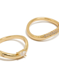 Featuring gold plated metal with pear cut cubic zirconia stones, these crystal statement stacking rings come in a dainty 2-pack design close up view - link has visual effect only