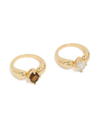 Gold Plated Cubic Zirconia Clear & Brown Puffy Rings 2-Pack - link has visual effect only
