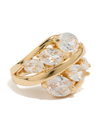 Showcasing a gold plated ring with oval cubic zirconia clusters in a statement layered design front view - link has visual effect only