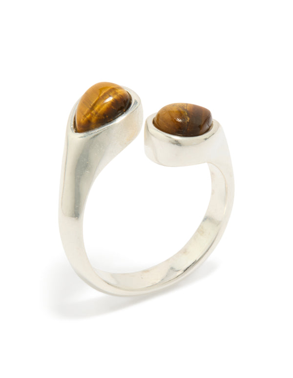 Showcasing a waterproof stainless steel ring with double tigers eye stones in gold and silver tones front view