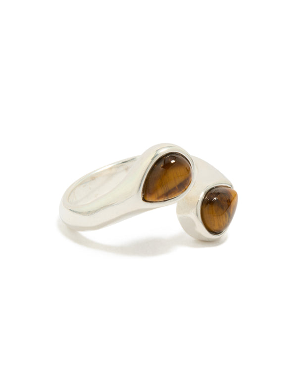 Featuring a waterproof stainless steel ring with double tigers eye stones in gold and silver tones side detail view