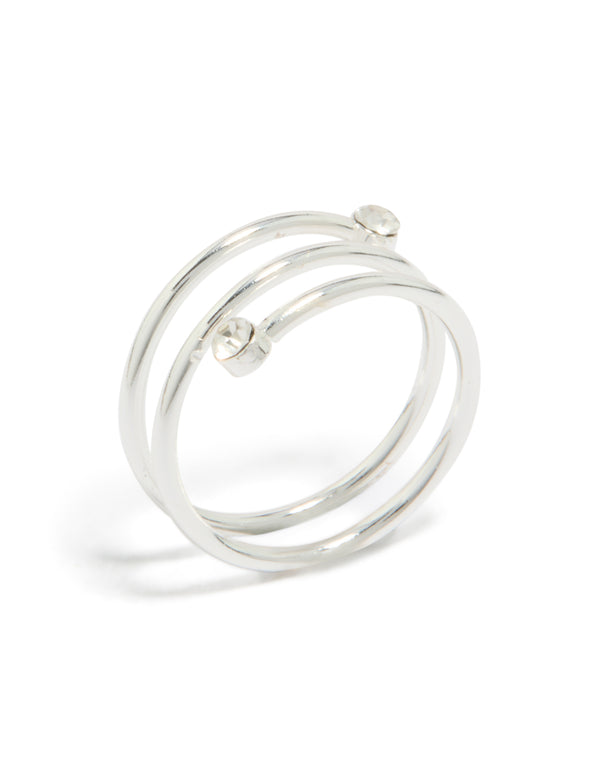Showcasing a waterproof stainless steel diamante coil ring in silver and clear side detail view