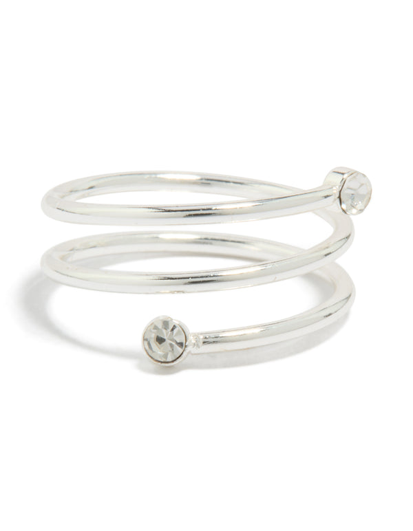 Waterproof stainless steel diamante coil ring in silver and clear front view