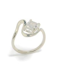 Featuring a waterproof stainless steel wavy cubic zirconia statement ring in silver and clear front view - link has visual effect only