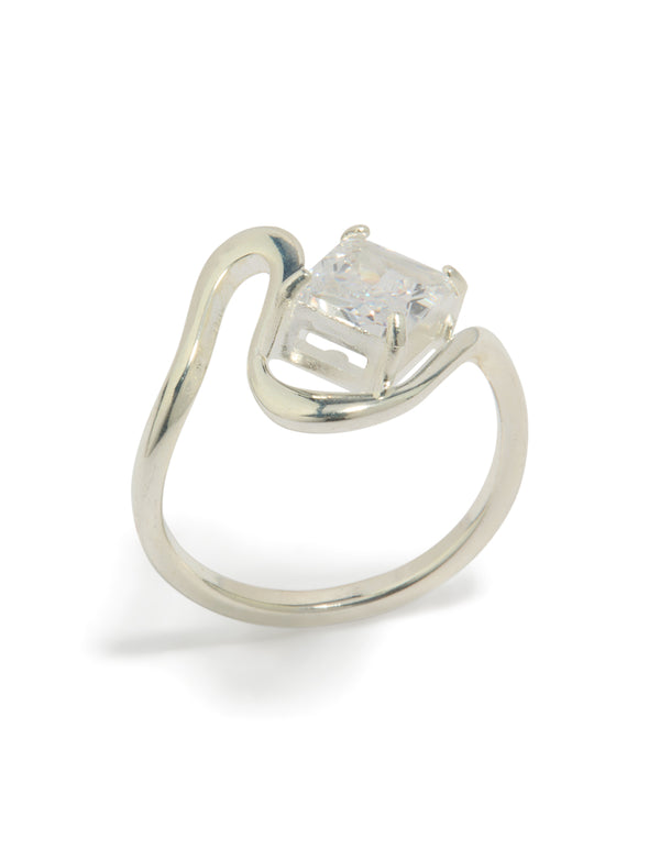 Featuring a waterproof stainless steel wavy cubic zirconia statement ring in silver and clear front view