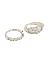 Showcasing a silver cubic zirconia band and floral stacking rings 2-pack featuring crystal embellishments front view - link has visual effect only
