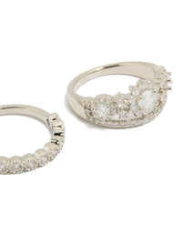 Crafted from silver cubic zirconia band and floral stacking rings 2-pack with crystal detailing close up view - link has visual effect only