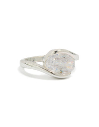 Showcasing a statement silver plated cubic zirconia large round swivel ring side detail view - link has visual effect only