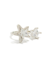 Showcasing a silver cubic zirconia statement celestial stars ring with clear accents front view - link has visual effect only