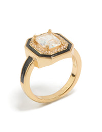 Featuring a gold plated black enamel outline cushion cut cubic zirconia ring with crystal accents and statement design side detail view - link has visual effect only