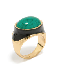 Showcasing a statement chunky ring in gold plated enamel with mediumturquoise stone side detail view - link has visual effect only