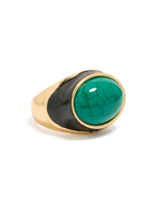 Featuring a statement chunky ring crafted from gold plated enamel with mediumturquoise stone front view