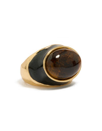 Showcasing a gold plated chunky statement ring with brown stone and black enamel front view - link has visual effect only