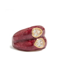 Presenting a gold plated red enamel double cubic zirconia ring in maroon and clear front view - link has visual effect only