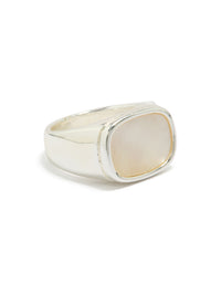 Crafted from waterproof stainless steel featuring a square shell in ivory and silver tones, designed as a chunky signet ring front view - link has visual effect only