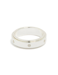 Showcasing a waterproof clear cubic zirconia stainless steel spinner ring in silver front view - link has visual effect only