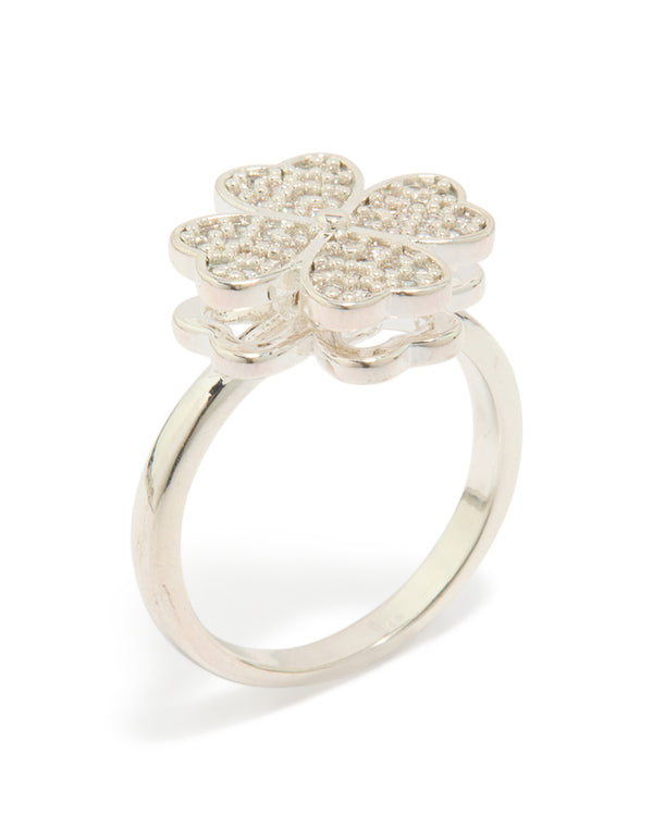Crafted from waterproof stainless steel, this spinning clover ring with floral, heart and clear cubic zirconia in silver side detail view
