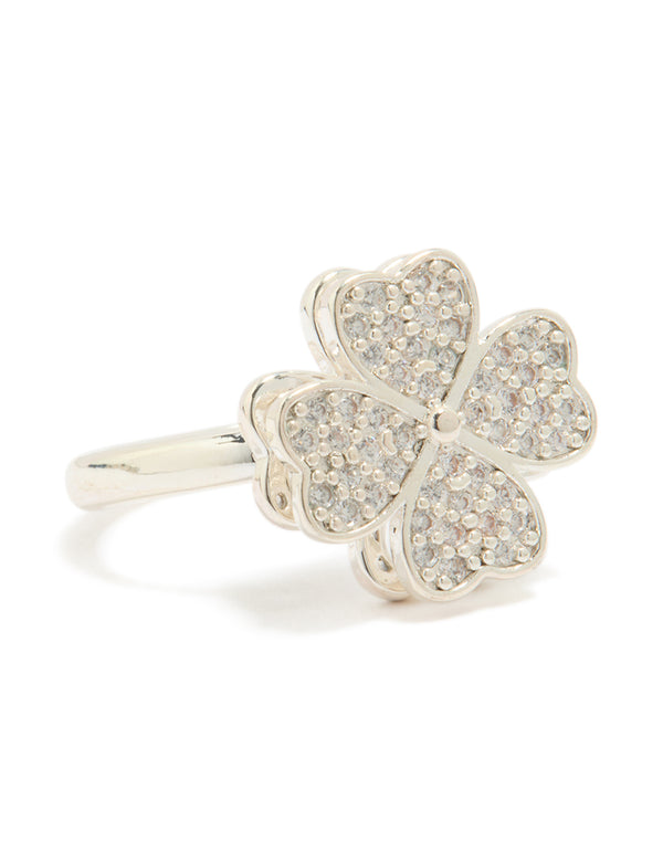 Showcasing a waterproof stainless steel spinning clover ring featuring floral and heart design with clear cubic zirconia in silver front view
