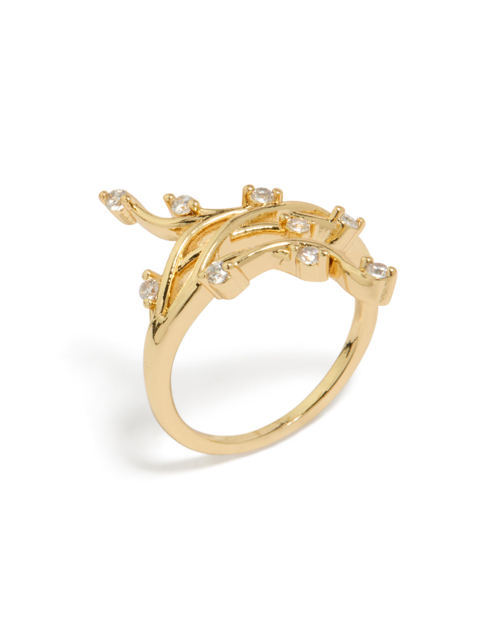 Crafted from gold plated cubic zirconia dainty floral vine ring in clear side detail view