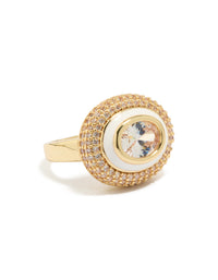Statement ring in gold plated with pave cubic zirconia, white enamel, and champagne accents front view - link has visual effect only