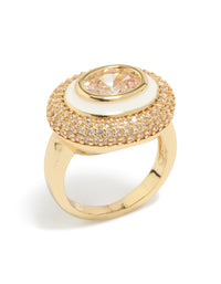 Showcasing a statement ring crafted from gold plated metal featuring pave cubic zirconia, white enamel, and champagne tones side detail view - link has visual effect only