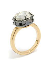 Showcasing a gold plated cubic zirconia mixed metal statement ring with crystal in silver and chunky styling front view - link has visual effect only