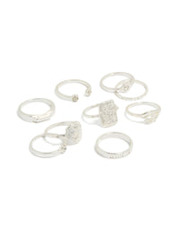 Showcasing a statement ring 9-pack featuring roman numeral and diamante details in silver front view - link has visual effect only