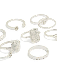 Crafted with statement styling, this roman numeral and diamante ring 9-pack in silver close up view - link has visual effect only