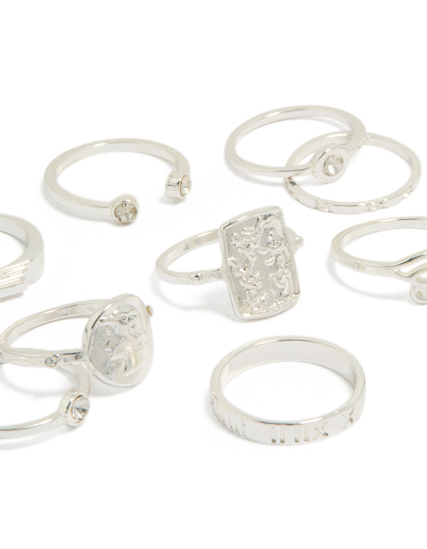 Crafted with statement styling, this roman numeral and diamante ring 9-pack in silver close up view