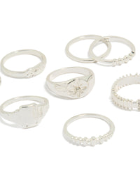 Crafted from silver, this diamante and signet rings 10-pack featuring celestial star features close up view - link has visual effect only