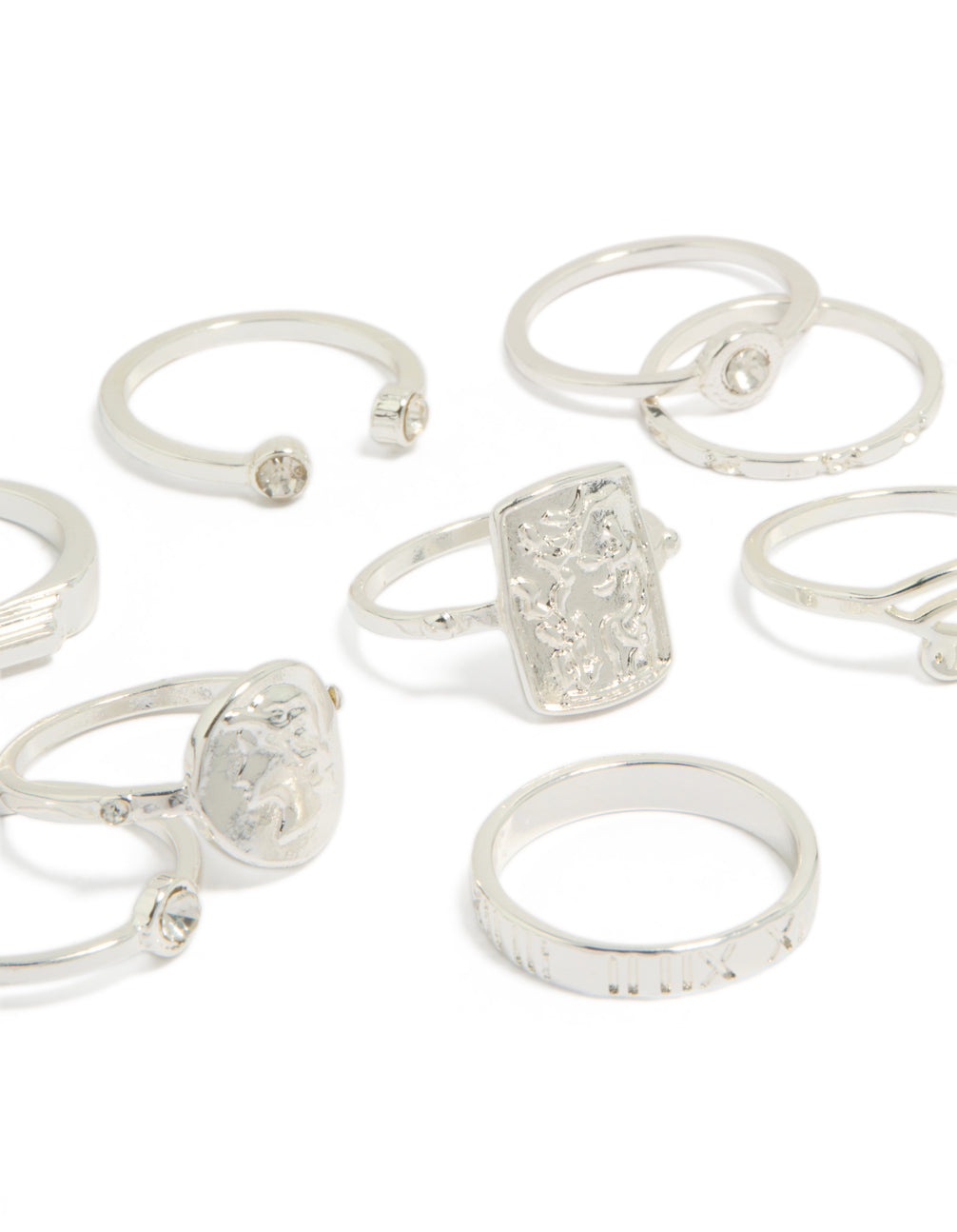 Showcasing numbers and diamante embellishments in a statement silver ring 9-pack close up view
