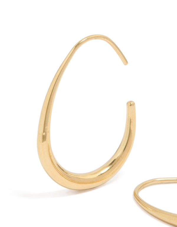 Showcasing waterproof stainless steel hoop earrings with gold plated finish in 30 MM size close up view