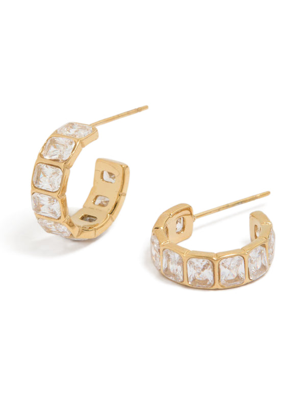 Waterproof gold plated stainless steel cubic zirconia rectangle bezel hoop earrings front view