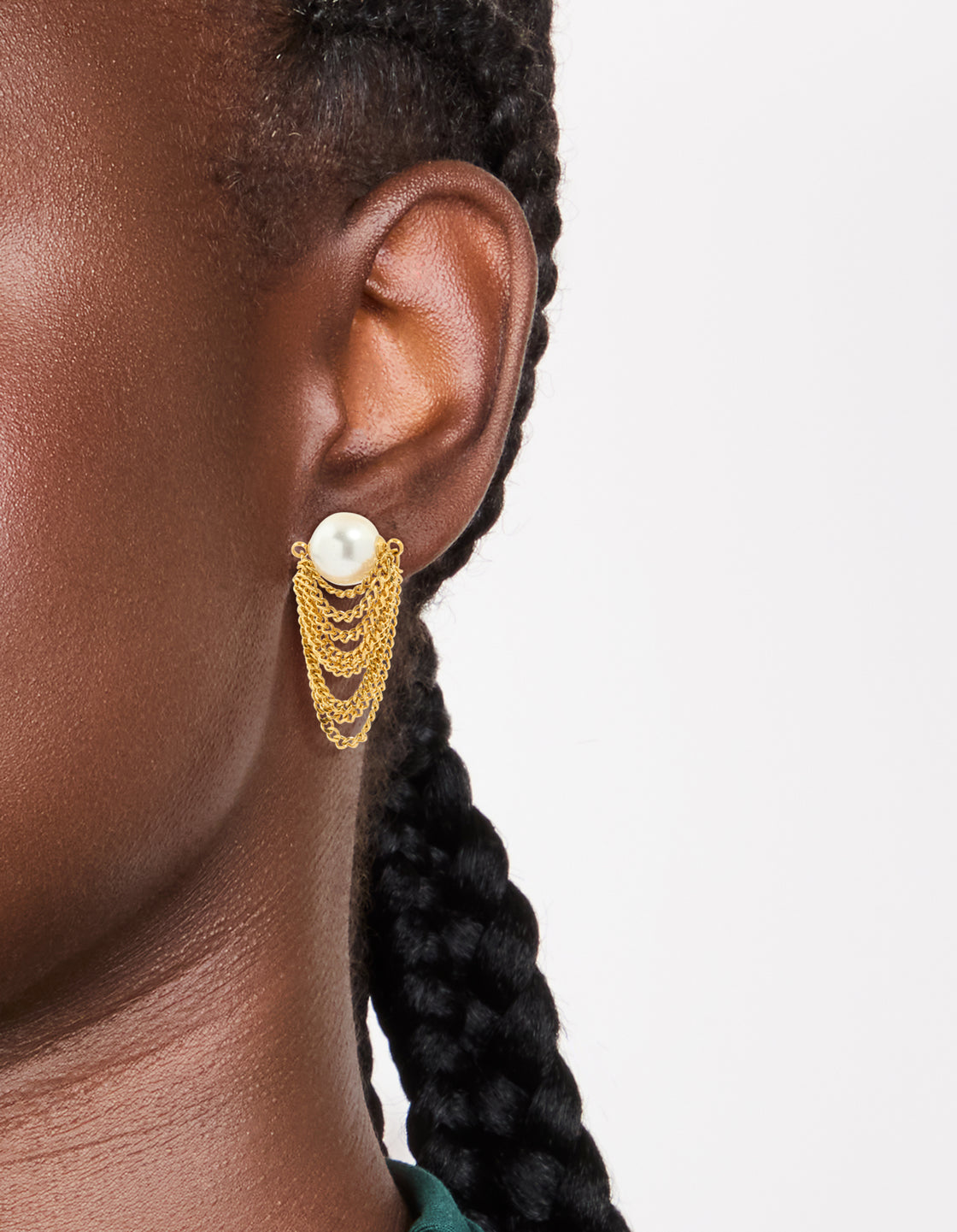 Featuring waterproof gold plated stainless steel pearl chain stud earrings on ear view