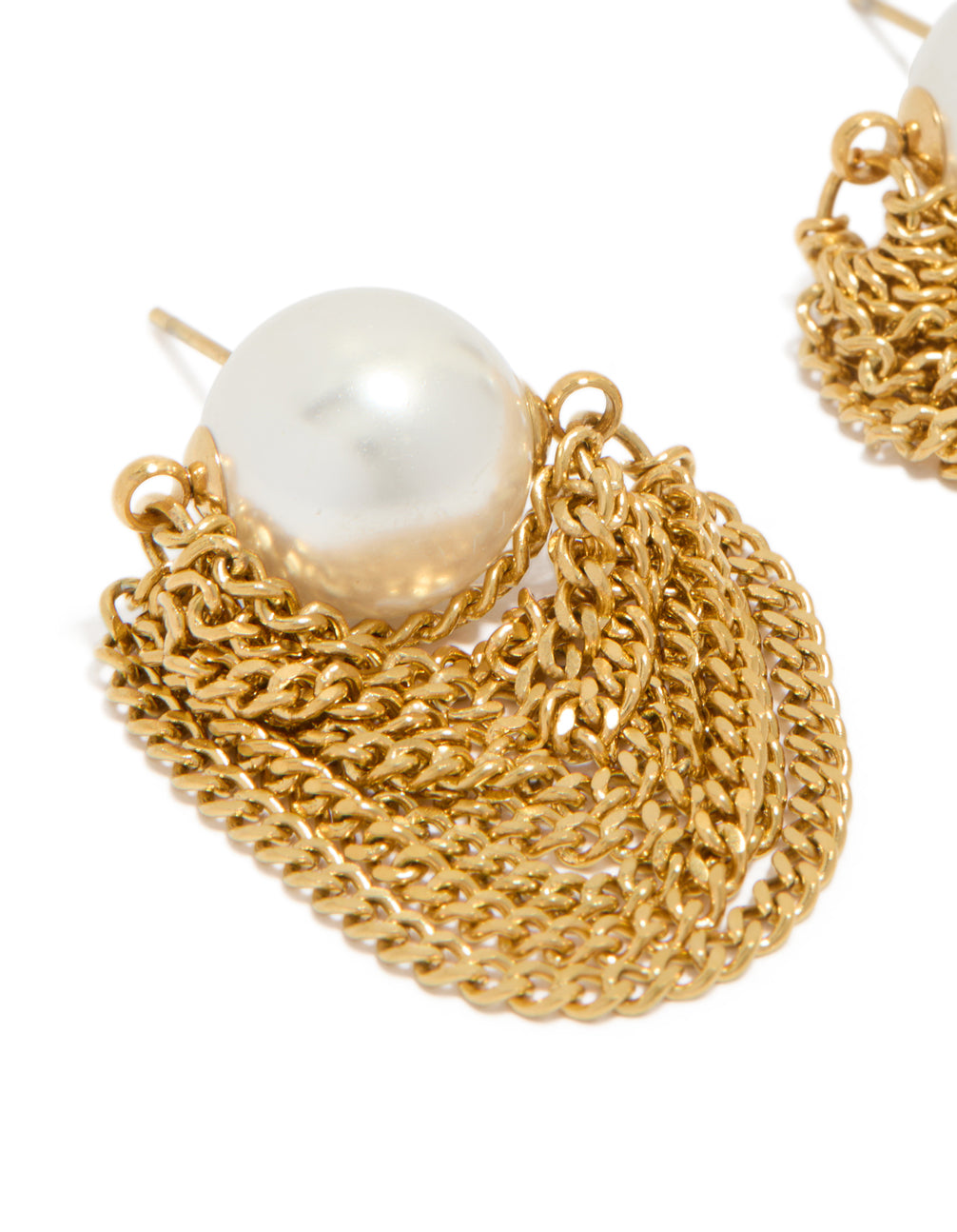 Crafted from waterproof gold plated stainless steel pearl chain stud earrings close up view