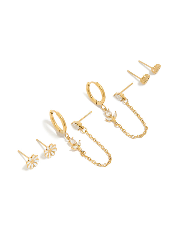 Discover waterproof gold plated stainless steel floral spring earrings pack featuring with hoop, stud closures front view