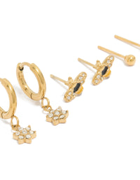 Discover waterproof gold plated stainless steel bumble bee and flower cubic zirconia earrings 4-pack stud closure close up view - link has visual effect only