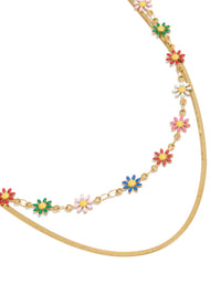 Close-up showcasing a waterproof gold plated stainless steel snake chain with colourful daisies layered necklace featuring floral charm details close up view - link has visual effect only