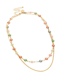 Displaying a waterproof gold plated stainless steel snake chain with colourful daisies layered necklace featuring floral charm details front view - link has visual effect only